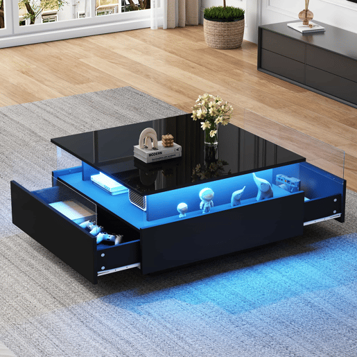 Mesa de centro moderna com LED 70x70x41 cm - 2 gavetas, área de exposição transparente, carga até 30 kg - Preto