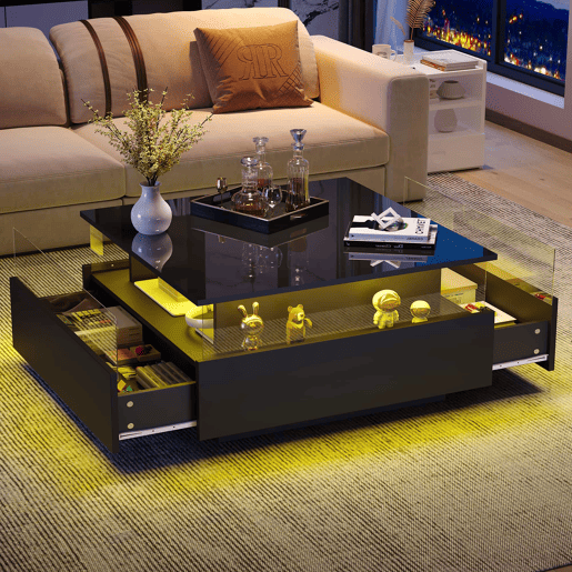 Mesa de centro moderna com LED 70x70x41 cm - 2 gavetas, área de exposição transparente, carga até 30 kg - Preto