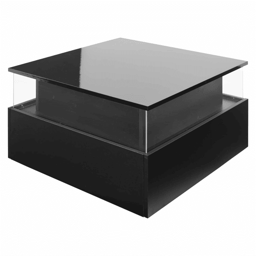 Mesa de centro moderna com LED 70x70x41 cm - 2 gavetas, área de exposição transparente, carga até 30 kg - Preto