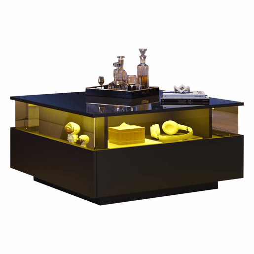 Mesa de centro moderna com LED 70x70x41 cm - 2 gavetas, área de exposição transparente, carga até 30 kg - Preto