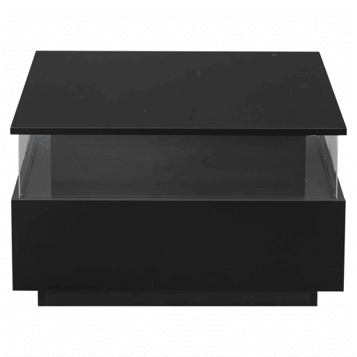 Mesa de centro moderna com LED 70x70x41 cm - 2 gavetas, área de exposição transparente, carga até 30 kg - Preto