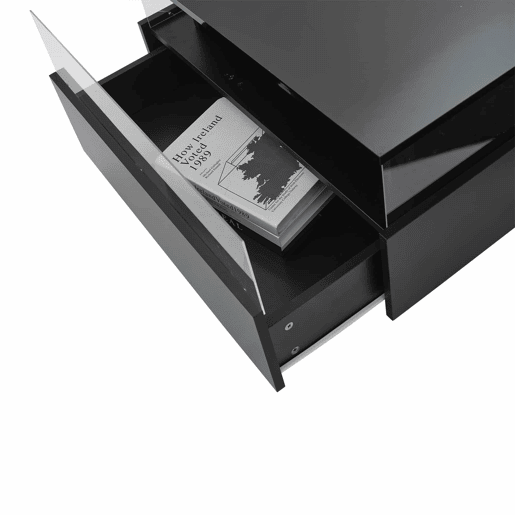 Mesa de centro moderna com LED 70x70x41 cm - 2 gavetas, área de exposição transparente, carga até 30 kg - Preto