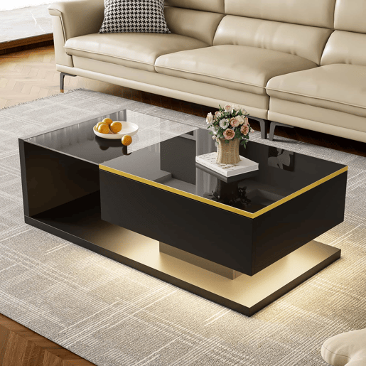 Mesa de centro 100 cm - Com vidro e efeito LED - Preto Mesa de centro 100 cm - Com vidro e efeito LED - Preto