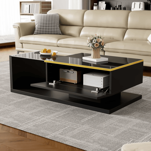 Mesa de centro 100 cm - Com vidro e efeito LED - Preto Mesa de centro 100 cm - Com vidro e efeito LED - Preto