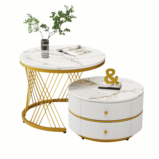 Conjunto de 2 mesas de apoio - 2 gavetas - tampo com design em mármore - Branco e dourado Conjunto de 2 mesas de apoio - 2 gavetas - tampo com design em mármore - Branco e dourado