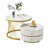 Conjunto de 2 mesas de apoio - 2 gavetas - tampo com design em mármore - Branco e dourado