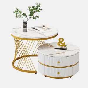 Conjunto de 2 mesas de apoio - 2 gavetas - tampo com design em mármore - Branco e dourado