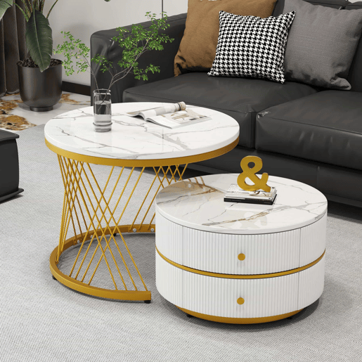 Conjunto de 2 mesas de apoio - 2 gavetas - tampo com design em mármore - Branco e dourado Conjunto de 2 mesas de apoio - 2 gavetas - tampo com design em mármore - Branco e dourado
