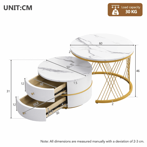 Conjunto de 2 mesas de apoio - 2 gavetas - tampo com design em mármore - Branco e dourado Conjunto de 2 mesas de apoio - 2 gavetas - tampo com design em mármore - Branco e dourado