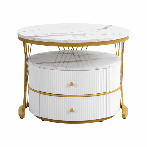 Conjunto de 2 mesas de apoio - 2 gavetas - tampo com design em mármore - Branco e dourado Conjunto de 2 mesas de apoio - 2 gavetas - tampo com design em mármore - Branco e dourado