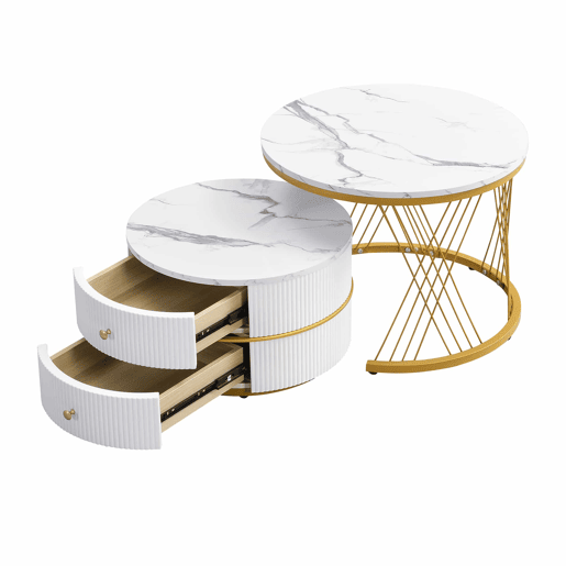 Conjunto de 2 mesas de apoio - 2 gavetas - tampo com design em mármore - Branco e dourado Conjunto de 2 mesas de apoio - 2 gavetas - tampo com design em mármore - Branco e dourado