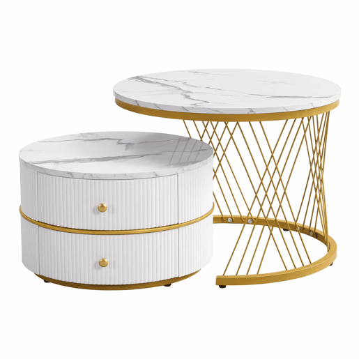 Conjunto de 2 mesas de apoio - 2 gavetas - tampo com design em mármore - Branco e dourado Conjunto de 2 mesas de apoio - 2 gavetas - tampo com design em mármore - Branco e dourado