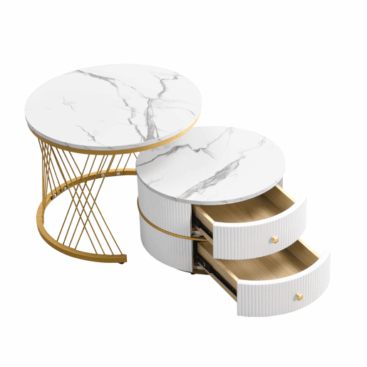 Conjunto de 2 mesas de apoio - 2 gavetas - tampo com design em mármore - Branco e dourado Conjunto de 2 mesas de apoio - 2 gavetas - tampo com design em mármore - Branco e dourado