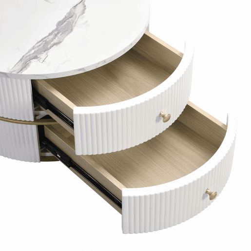 Conjunto de 2 mesas de apoio - 2 gavetas - tampo com design em mármore - Branco e dourado Conjunto de 2 mesas de apoio - 2 gavetas - tampo com design em mármore - Branco e dourado