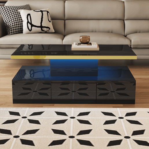 Mesa de centro com arrumação e LED - aspeto brilhante - Preto Mesa de centro com arrumação e LED - aspeto brilhante - Preto