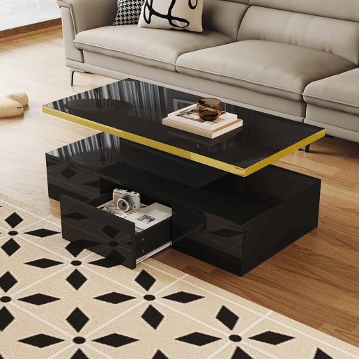 Mesa de centro com arrumação e LED - aspeto brilhante - Preto Mesa de centro com arrumação e LED - aspeto brilhante - Preto