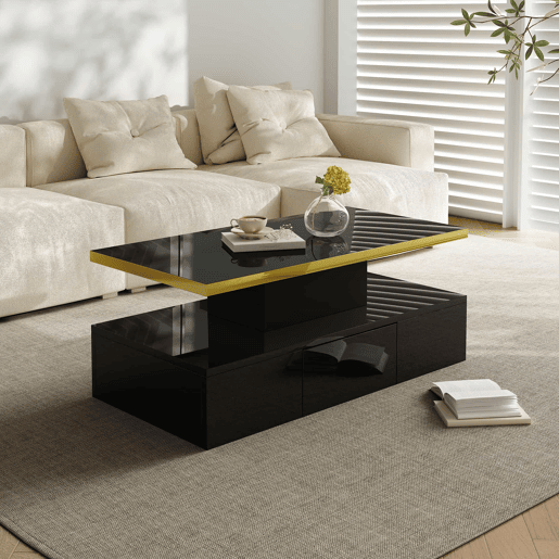 Mesa de centro com arrumação e LED - aspeto brilhante - Preto Mesa de centro com arrumação e LED - aspeto brilhante - Preto