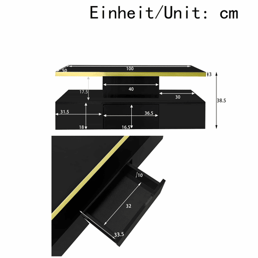 Mesa de centro com arrumação e LED - aspeto brilhante - Preto Mesa de centro com arrumação e LED - aspeto brilhante - Preto