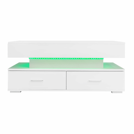 Mesa de centro hidráulica 100x50x44 cm - com LED, controlo por aplicação Bluetooth, 2 gavetas e arrumação aberta - Branco Mesa de centro hidráulica 100x50x44 cm - com LED, controlo por aplicação Bluetooth, 2 gavetas e arrumação aberta - Branco