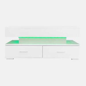 Mesa de centro hidráulica 100x50x44 cm - com LED, controlo por aplicação Bluetooth, 2 gavetas e arrumação aberta - Branco