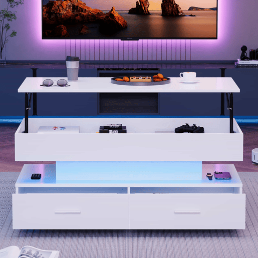 Mesa de centro hidráulica 100x50x44 cm - com LED, controlo por aplicação Bluetooth, 2 gavetas e arrumação aberta - Branco Mesa de centro hidráulica 100x50x44 cm - com LED, controlo por aplicação Bluetooth, 2 gavetas e arrumação aberta - Branco