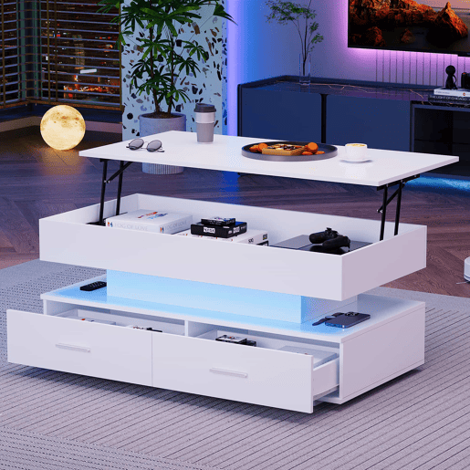 Mesa de centro hidráulica 100x50x44 cm - com LED, controlo por aplicação Bluetooth, 2 gavetas e arrumação aberta - Branco Mesa de centro hidráulica 100x50x44 cm - com LED, controlo por aplicação Bluetooth, 2 gavetas e arrumação aberta - Branco