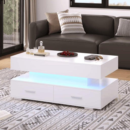 Mesa de centro hidráulica 100x50x44 cm - com LED, controlo por aplicação Bluetooth, 2 gavetas e arrumação aberta - Branco Mesa de centro hidráulica 100x50x44 cm - com LED, controlo por aplicação Bluetooth, 2 gavetas e arrumação aberta - Branco