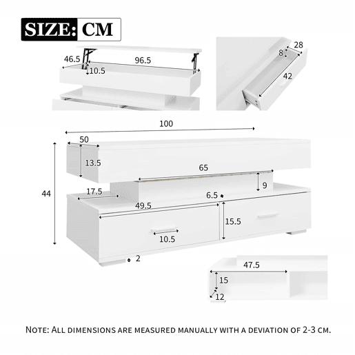 Mesa de centro hidráulica 100x50x44 cm - com LED, controlo por aplicação Bluetooth, 2 gavetas e arrumação aberta - Branco Mesa de centro hidráulica 100x50x44 cm - com LED, controlo por aplicação Bluetooth, 2 gavetas e arrumação aberta - Branco