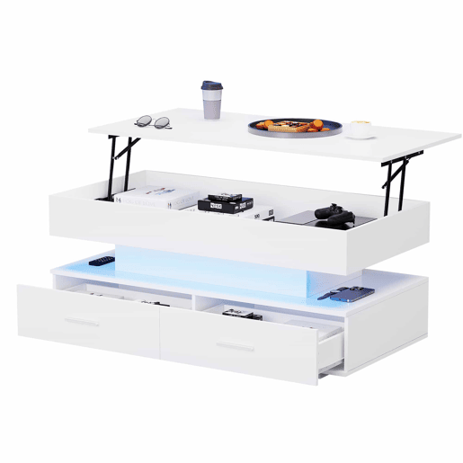 Mesa de centro hidráulica 100x50x44 cm - com LED, controlo por aplicação Bluetooth, 2 gavetas e arrumação aberta - Branco Mesa de centro hidráulica 100x50x44 cm - com LED, controlo por aplicação Bluetooth, 2 gavetas e arrumação aberta - Branco