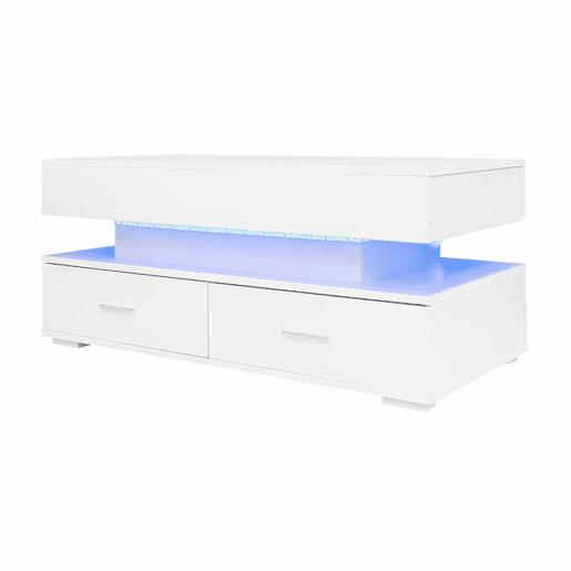 Mesa de centro hidráulica 100x50x44 cm - com LED, controlo por aplicação Bluetooth, 2 gavetas e arrumação aberta - Branco Mesa de centro hidráulica 100x50x44 cm - com LED, controlo por aplicação Bluetooth, 2 gavetas e arrumação aberta - Branco