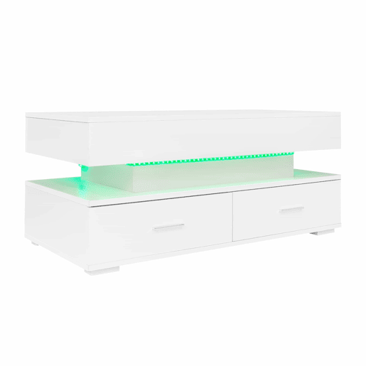 Mesa de centro hidráulica 100x50x44 cm - com LED, controlo por aplicação Bluetooth, 2 gavetas e arrumação aberta - Branco Mesa de centro hidráulica 100x50x44 cm - com LED, controlo por aplicação Bluetooth, 2 gavetas e arrumação aberta - Branco