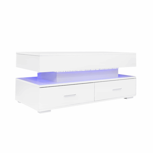 Mesa de centro hidráulica 100x50x44 cm - com LED, controlo por aplicação Bluetooth, 2 gavetas e arrumação aberta - Branco Mesa de centro hidráulica 100x50x44 cm - com LED, controlo por aplicação Bluetooth, 2 gavetas e arrumação aberta - Branco