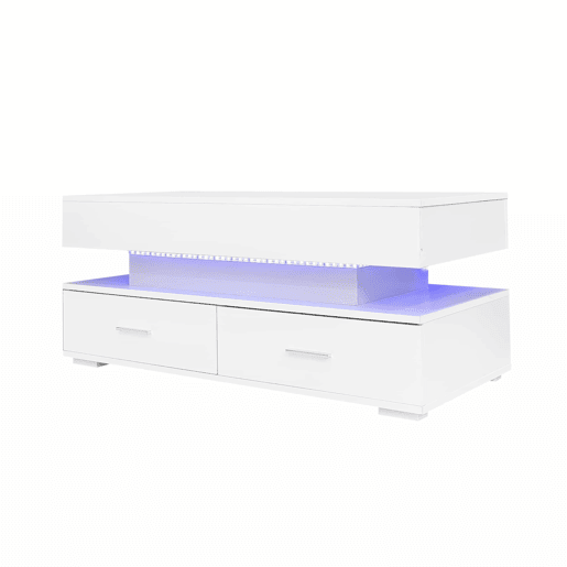 Mesa de centro hidráulica 100x50x44 cm - com LED, controlo por aplicação Bluetooth, 2 gavetas e arrumação aberta - Branco Mesa de centro hidráulica 100x50x44 cm - com LED, controlo por aplicação Bluetooth, 2 gavetas e arrumação aberta - Branco