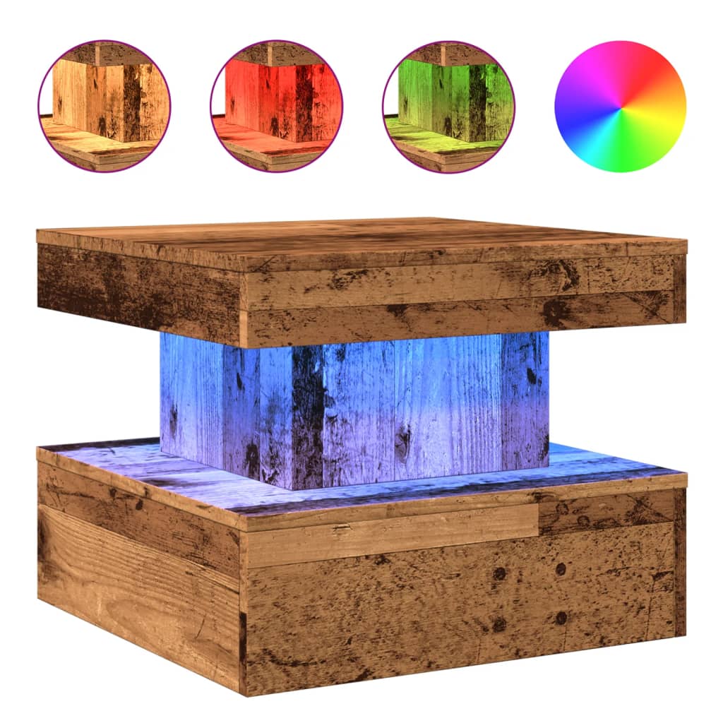 Mesa de café - mesa de centro con luces led madera envejecida 50x50x40 cm