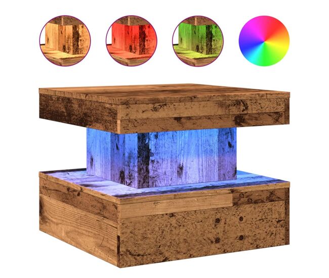 Mesa de café - mesa de centro con luces led madera envejecida 50x50x40 cm