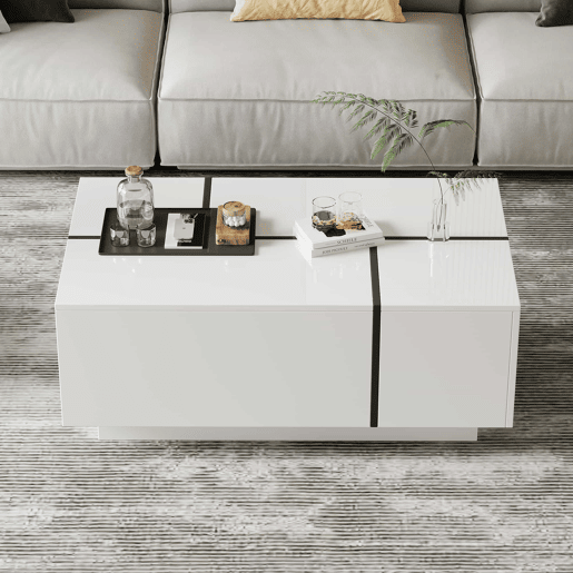 Mesa de centro quadrada 100x60x40 cm - Mesa de sala com quatro gavetas, tampo deslizante, até 30 kg - Branco