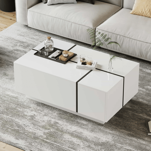 Mesa de centro quadrada 100x60x40 cm - Mesa de sala com quatro gavetas, tampo deslizante, até 30 kg - Branco