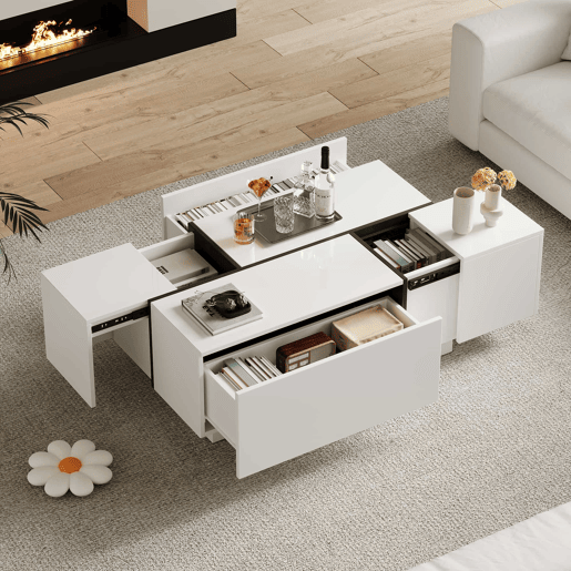 Mesa de centro quadrada 100x60x40 cm - Mesa de sala com quatro gavetas, tampo deslizante, até 30 kg - Branco