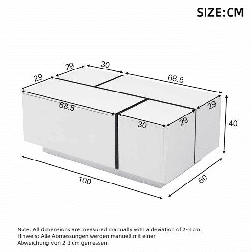 Mesa de centro quadrada 100x60x40 cm - Mesa de sala com quatro gavetas, tampo deslizante, até 30 kg - Branco
