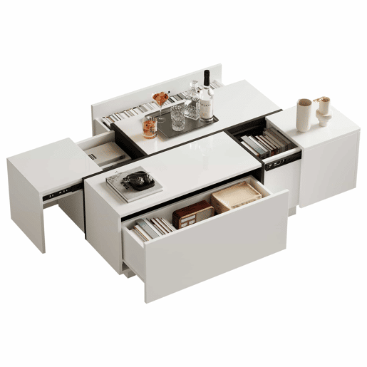 Mesa de centro quadrada 100x60x40 cm - Mesa de sala com quatro gavetas, tampo deslizante, até 30 kg - Branco