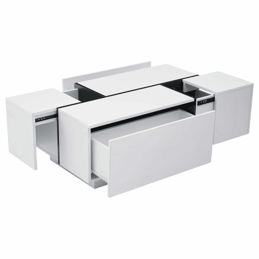 Mesa de centro quadrada 100x60x40 cm - Mesa de sala com quatro gavetas, tampo deslizante, até 30 kg - Branco