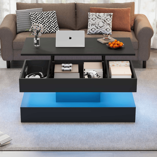 Mesa de centro moderna 100x50x42 cm - com iluminação LED, arrumação oculta e elevação hidráulica, carga máxima 50 kg - Preto Mesa de centro moderna 100x50x42 cm - com iluminação LED, arrumação oculta e elevação hidráulica, carga máxima 50 kg - Preto