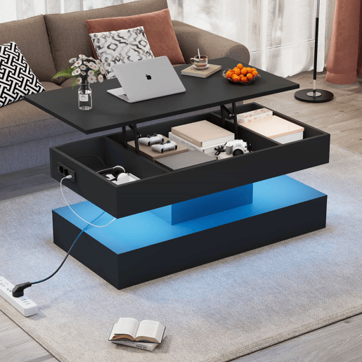 Mesa de centro moderna 100x50x42 cm - com iluminação LED, arrumação oculta e elevação hidráulica, carga máxima 50 kg - Preto Mesa de centro moderna 100x50x42 cm - com iluminação LED, arrumação oculta e elevação hidráulica, carga máxima 50 kg - Preto