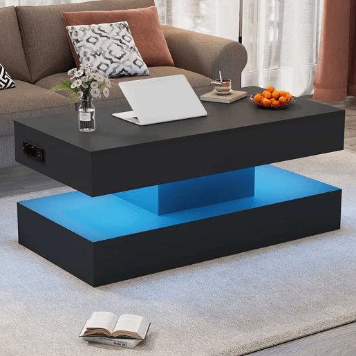 Mesa de centro moderna 100x50x42 cm - com iluminação LED, arrumação oculta e elevação hidráulica, carga máxima 50 kg - Preto Mesa de centro moderna 100x50x42 cm - com iluminação LED, arrumação oculta e elevação hidráulica, carga máxima 50 kg - Preto