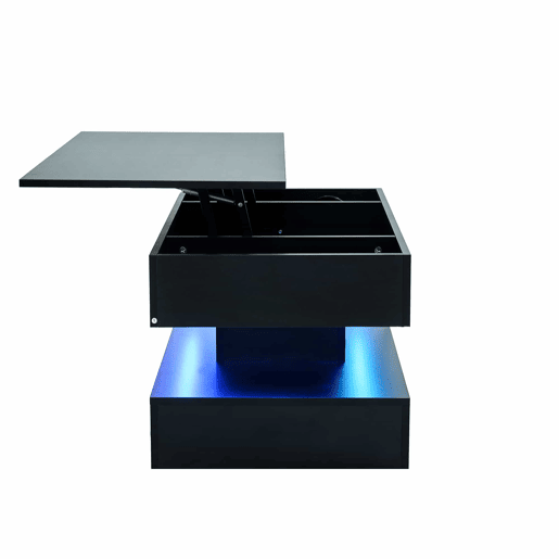 Mesa de centro moderna 100x50x42 cm - com iluminação LED, arrumação oculta e elevação hidráulica, carga máxima 50 kg - Preto Mesa de centro moderna 100x50x42 cm - com iluminação LED, arrumação oculta e elevação hidráulica, carga máxima 50 kg - Preto