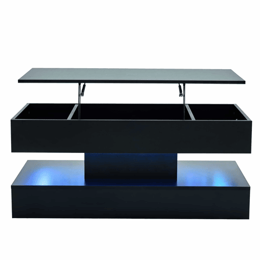 Mesa de centro moderna 100x50x42 cm - com iluminação LED, arrumação oculta e elevação hidráulica, carga máxima 50 kg - Preto Mesa de centro moderna 100x50x42 cm - com iluminação LED, arrumação oculta e elevação hidráulica, carga máxima 50 kg - Preto