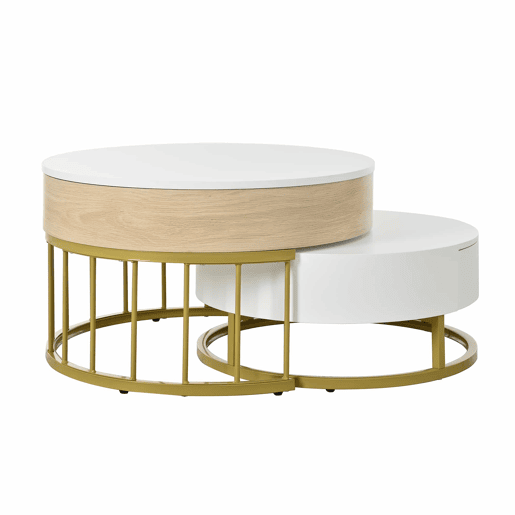 Conjunto de 2 mesas de encaixe - com 2 gavetas - em MDF - Natural e Branco - Conjunto de 2 mesas de encaixe - com 2 gavetas - em MDF - Natural e Branco
