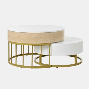Conjunto de 2 mesas de encaixe - com 2 gavetas - em MDF - Natural e Branco - Conjunto de 2 mesas de encaixe - com 2 gavetas - em MDF - Natural e Branco