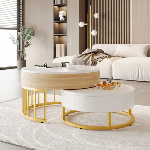 Conjunto de 2 mesas de encaixe - com 2 gavetas - em MDF - Natural e Branco - Conjunto de 2 mesas de encaixe - com 2 gavetas - em MDF - Natural e Branco