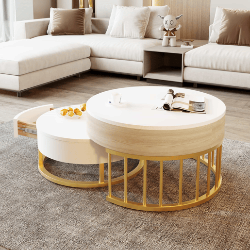 Conjunto de 2 mesas de encaixe - com 2 gavetas - em MDF - Natural e Branco - Conjunto de 2 mesas de encaixe - com 2 gavetas - em MDF - Natural e Branco